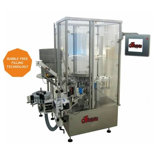Automatic bottle-filling machine enclosed in a clear safety housing with a touchscreen control panel on the side; features bubble-free filling technology.